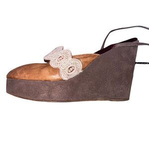 Cydney Mandel brown leather wedge clogs with ankle strap wrap up SZ 11